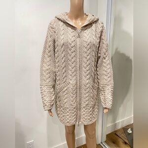 ARAN Ireland 100% Merino Wool Full Zip Sweater Coat Oatmeal L Chunky Fisherman